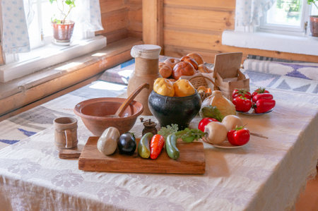 Peasant russian rural food with vegetables in country houseの写真素材