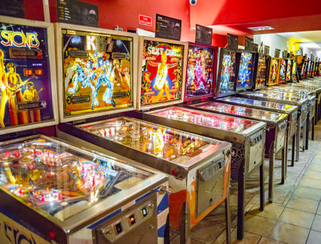 Budapest, Hungary - March 25, 2018: Pinball museum. Pinball table close up view of vintage machineのeditorial素材