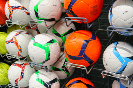 Moscow, Russia, October 10, 2018: Balls for different sports in shopのeditorial素材