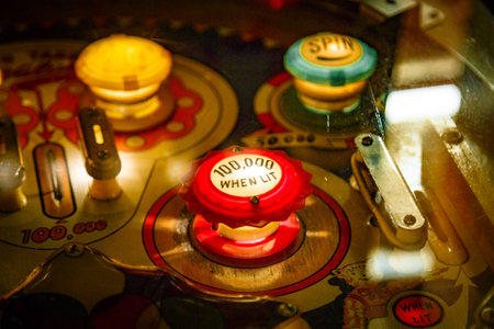 Budapest, Hungary - March 25, 2018: Pinball museum. Pinball table close up view of vintage machineのeditorial素材