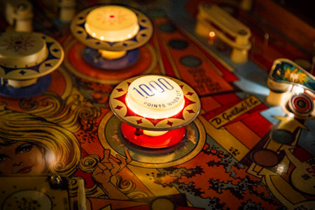 Budapest, Hungary - March 25, 2018: Pinball museum. Pinball table close up view of vintage machineのeditorial素材