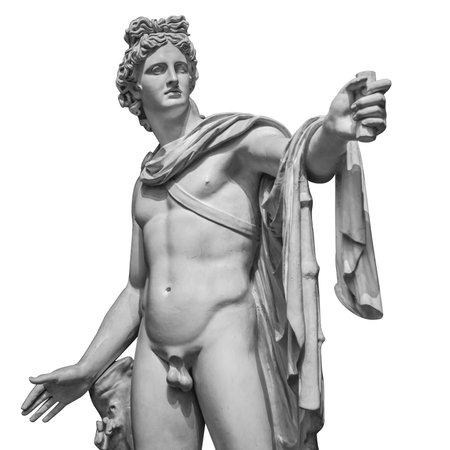 Famous roman greek copy of Apollo di belvedere sculpture isolated on white background.の写真素材