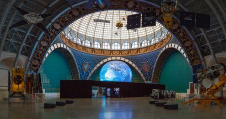 Moscow, Russia - November 28, 2018: Interior of the Space pavilion at VDNH. Proton rocket family is...