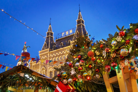 Moscow, Russia, December 4, 2018: Moscow decorated for New Year and Christmas holidays. GUM fair on Red Squareのeditorial素材
