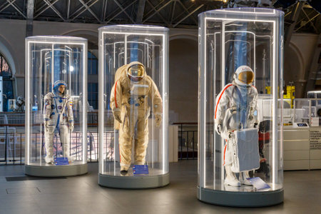 Moscow, Russia - November 28, 2018: Russian astronaut spacesuits in Moscow space museum that was...