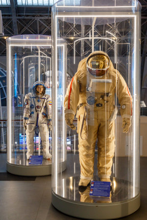 Moscow, Russia - November 28, 2018: Russian astronaut spacesuits in Moscow space museum that was...