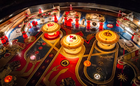 Budapest, Hungary - March 25, 2018: Pinball museum. Pinball table close up view of vintage machineのeditorial素材