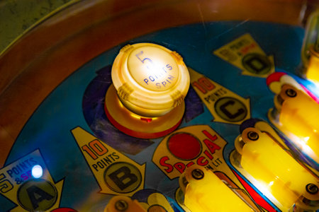 Budapest, Hungary - March 25, 2018: Pinball museum. Pinball table close up view of vintage machine