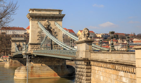 Budapest, Hungary, March 22 2018: Szechenyi Chain Bridge-one of the most beautiful bridges of Budapest, Hungaryのeditorial素材
