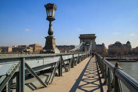 Budapest, Hungary, March 22 2018: Szechenyi Chain Bridge-one of the most beautiful bridges of Budapest, Hungaryのeditorial素材