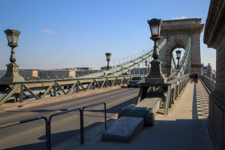 Budapest, Hungary, March 22 2018: Szechenyi Chain Bridge-one of the most beautiful bridges of Budapest, Hungaryのeditorial素材