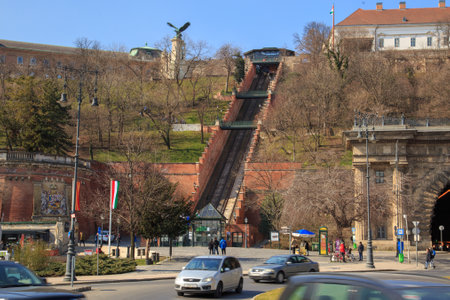 Budapest, Hungary, March 22 2018: Budapest Castle Hill Funicular. Hungary. Vintage carriages are at the last stopのeditorial素材