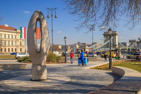 Budapest, Hungary, March 22 2018: Km 0 sculpture made by Miklos Borsos in Budapest, Hungaryのeditorial素材