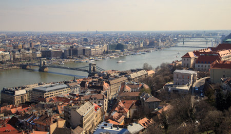 Budapest, Hungary, March 22 2018: Szechenyi Chain Bridge-one of the most beautiful bridges of Budapest, Hungaryのeditorial素材