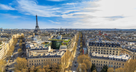 Beautiful panoramic view of Paris from the roof of the Triumphal Arch. Champs Elysees and the Eiffel Towerの写真素材