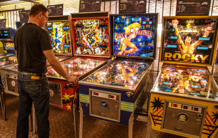 Budapest, Hungary - March 25, 2018: Pinball museum. Pinball table close up view of vintage machineのeditorial素材