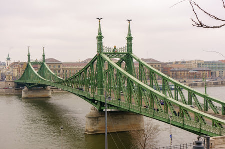 Budapest, Hungary - 24 March, 2018: The Freedom Bridge (SzabadsÃ¡g hÃ­d) is on the Danube connecting Buda and Pest. Exceptionally open to pedestrians and stationary to the traffic of carsのeditorial素材