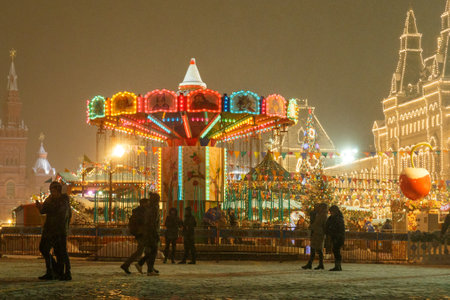 Moscow, Russia - December 6, 2018: Decorated Red Square in Moscow in the last days of the 2018 year. Spasskaya tower in the winter nightのeditorial素材