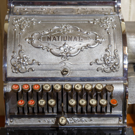 Budapest, Hungary - March 25, 2018: Antique cash register, buttons close up in chocolate museumのeditorial素材
