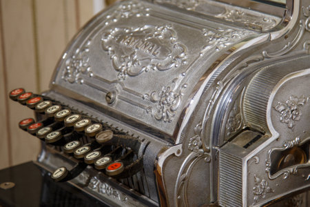 Budapest, Hungary - March 25, 2018: Antique cash register, buttons close up in chocolate museumのeditorial素材