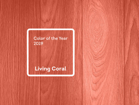 Living Coral color of the Year 2019. Wood texture background with coral in trendy colorの写真素材