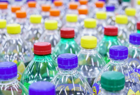 Image of many plastic bottles with water in a shopの写真素材