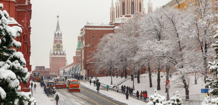 MOSCOW, RUSSIA - FEBRUARY 13,2019: Snow plow cleaning snow from city road