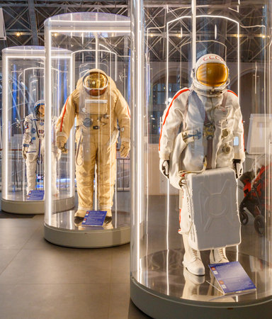 Moscow, Russia - November 28, 2018: Russian astronaut spacesuits in Moscow space museum. Soviet...