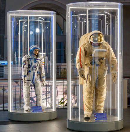 Moscow, Russia - November 28, 2018: Russian astronaut spacesuits in Moscow space museum. Soviet cosmonaut or astronaut or spaceman suit and helmetのeditorial素材