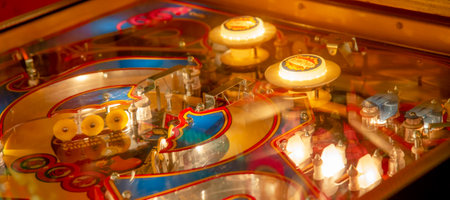 Budapest, Hungary - March 25, 2018: Pinball game museum. Pinball machine table close up view of retro vintage ball arcadeのeditorial素材
