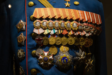 Moscow, Russia - January 23, 2019: Central Armed Forces Museum. Different awards, orders and medals on the russian army uniform.のeditorial素材