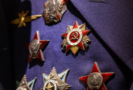 Moscow, Russia - January 23, 2019: Central Armed Forces Museum. Different awards, orders and medals on the russian army uniform.のeditorial素材