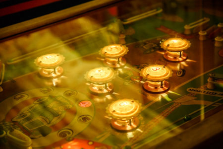 Budapest, Hungary - March 25, 2018: Pinball game museum. Pinball machine table close up view of retro vintage ball arcadeのeditorial素材
