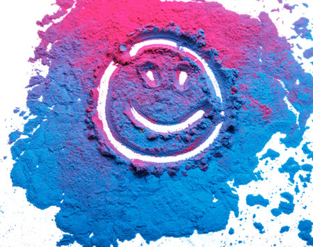 Abstract colorful Happy Holi background. Color vibrant powder isolated on white. Dust colored splash texture. Flat lay holi paint decoration.の写真素材