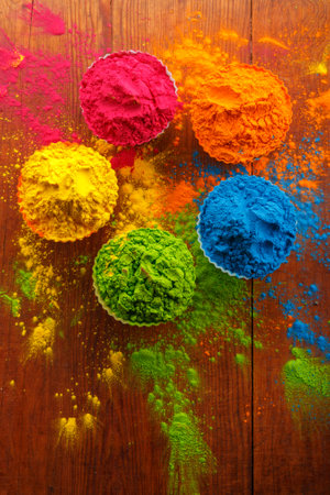 Holi color powder. Organic Gulal colours in bowl for Holi festival, Hindu tradition festive.の写真素材
