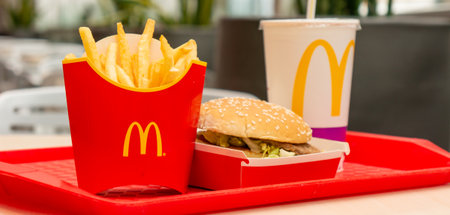 Moscow, Russia, March 15 2018: McDonalds Big Mac hamburger menu, French Fries and Coca Cola. Fast...