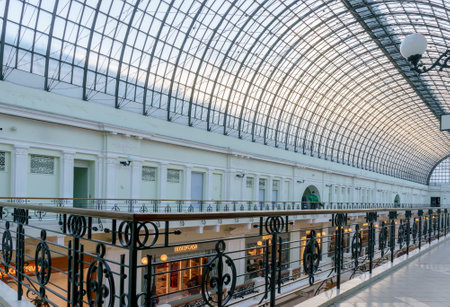 Russia, Moscow, March 3, 2019: Petrovsky passage Store. Petrovka Street, 10. Glass roof architecture detail. Shop galleryのeditorial素材