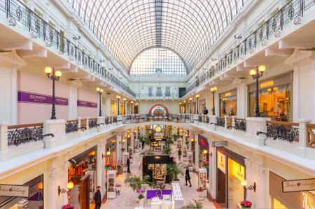 Russia, Moscow, March 3, 2019: Petrovsky passage Store. Petrovka Street, 10. Glass roof architecture detail. Shop galleryのeditorial素材