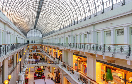 Russia, Moscow, March 3, 2019: Petrovsky passage Store. Petrovka Street, 10. Glass roof architecture detail. Shop galleryのeditorial素材