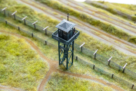 Model of prison guard tower, photograph taken from inside the prison
