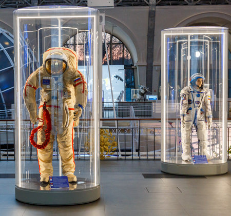 Moscow, Russia - November 28, 2018: Russian astronaut spacesuits in Moscow space museum that was specially developed for space vehicle missionsのeditorial素材