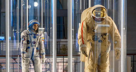 Moscow, Russia - November 28, 2018: Russian astronaut spacesuits in Moscow space museum that was specially developed for space vehicle missionsのeditorial素材