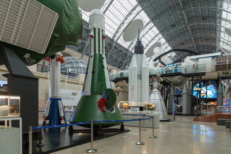 Moscow, Russia - November 28, 2018: Interior exhibition in the Space pavilion at VDNH. Modern museum of russian cosmos explorationのeditorial素材