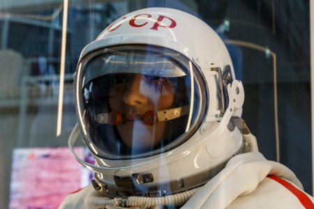 Moscow, Russia - November 28, 2018: Russian astronaut spacesuit Yastreb in Moscow space museum that was specially developed for early Soyuz space vehicle missionsのeditorial素材