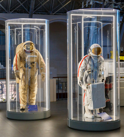 Moscow, Russia - November 28, 2018: Russian astronaut spacesuits in Moscow space museum that was specially developed for space vehicle missionsのeditorial素材