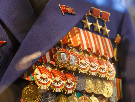 Moscow, Russia - January 23, 2019: Central Armed Forces Museum. Different awards, orders and medals on the russian army soldier uniformのeditorial素材
