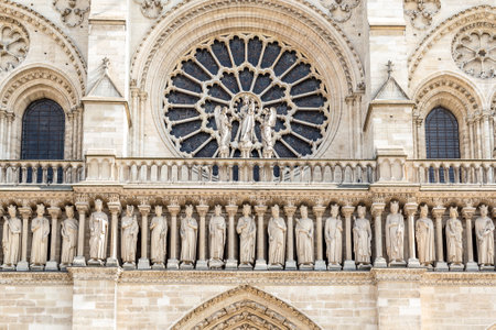 The western facade of catholic cathedral Notre-Dame de Paris. Built in French Gothic architecture, and it is among the largest and most well-known church buildings in the worldの写真素材