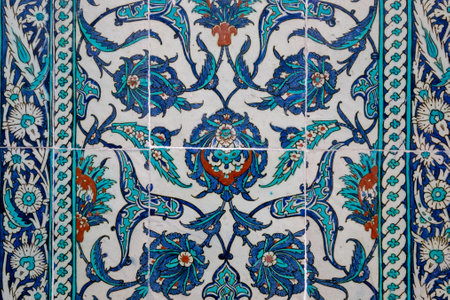 Texture of ceramic tiles in oriental East style. Turkish ceramic tiles lined on the wall. Old...