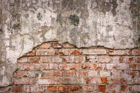 Empty Old Brick Wall Texture. Painted Distressed Wall Surface. Grungy Wide Brickwall. Grunge Red...