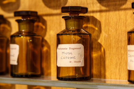 Paris, France, March 27 2017: Perfume bottles at the Museum Fragonard, Paris. The House of Fragonard selling perfumery products directly to the touristsのeditorial素材